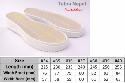 Size Chart for Nepal PU sole with Holes Punctured for Handmade Crocheted Shoes and Sandals