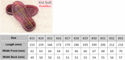 Size Chart for Kid Soft CrochetDecor - Rubber Sole with Holes for Handmade Crocheted Shoes
