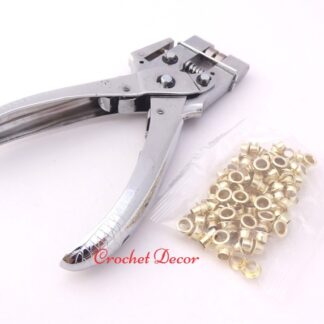 Punch Pliers and Golden Eyelets for Shoe Laces in Crocheted Shoes