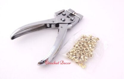 Punch Pliers and Golden Eyelets for Shoe Laces in Crocheted Shoes